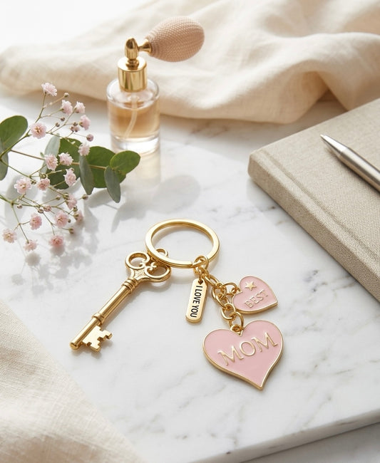 Best Mom" Gold & Pink Heart Keychain