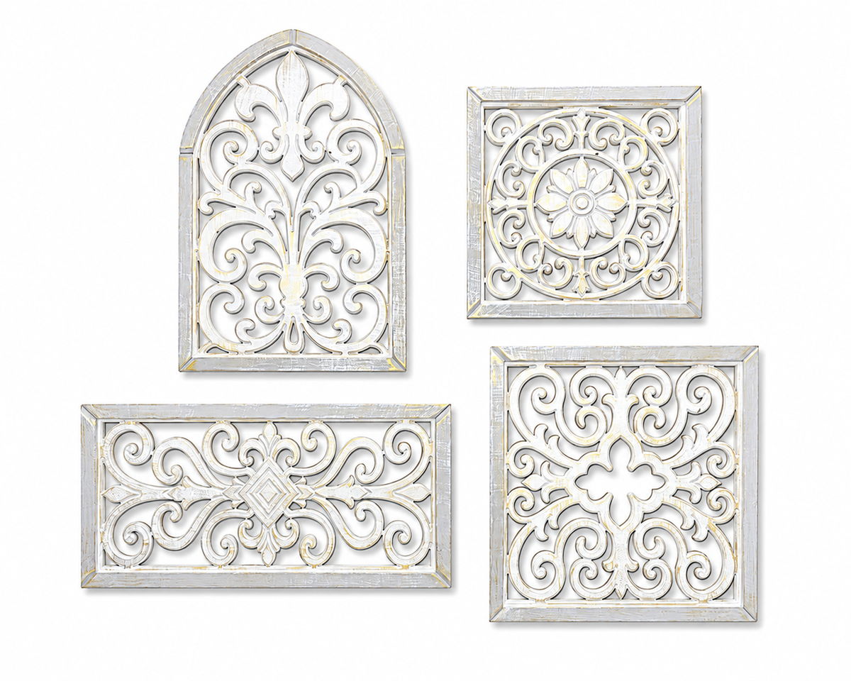 Hand-Carved Wooden Scrollwork Wall Art Set of 4