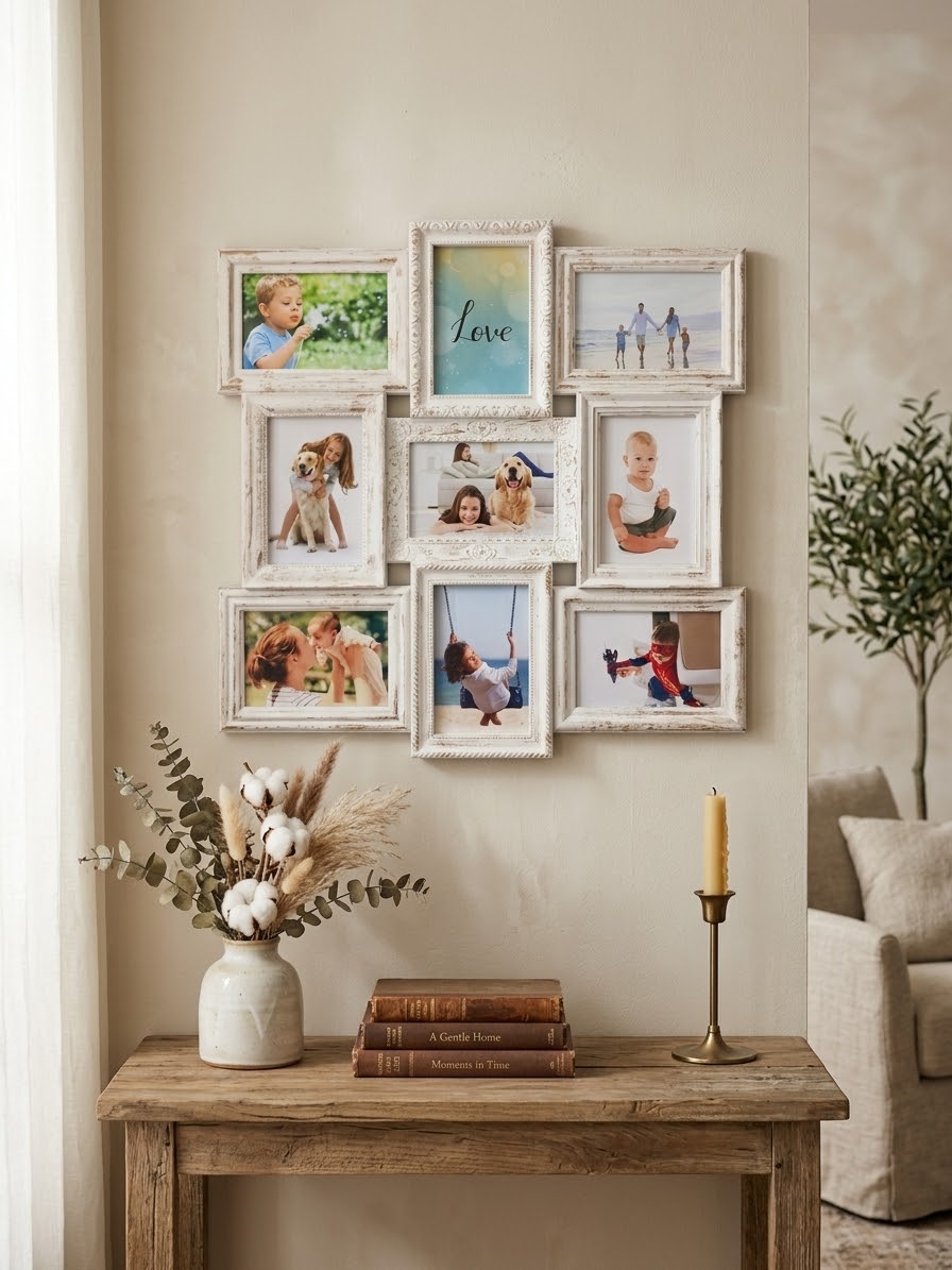 Vintage Distressed White 9-Opening Collage Picture Frame (53 x 53 cm)