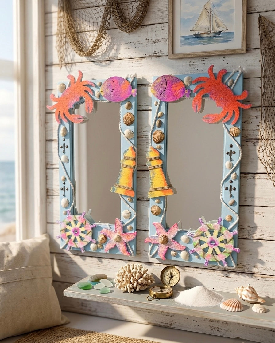 Coastal Breeze Nautical Mirror with Sea-Life Accents (70x35 cm)
