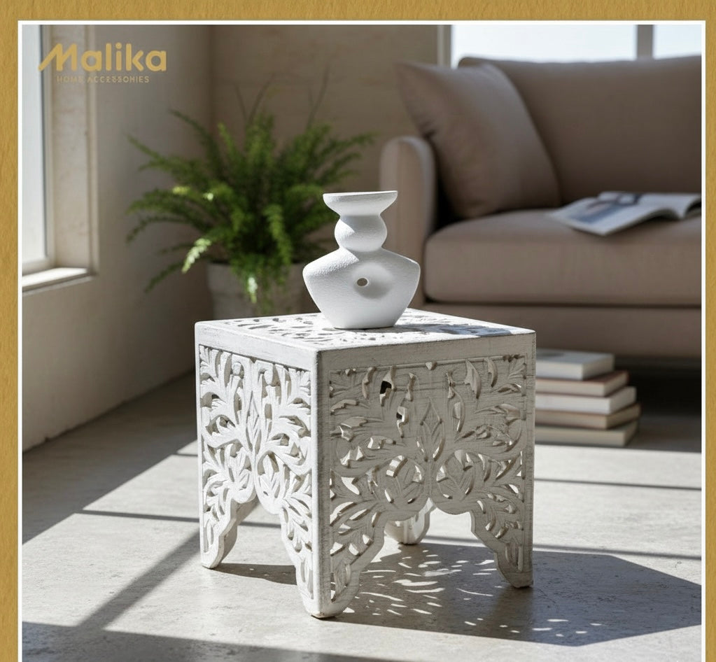 Hand-Carved Floral Lattice Side Table