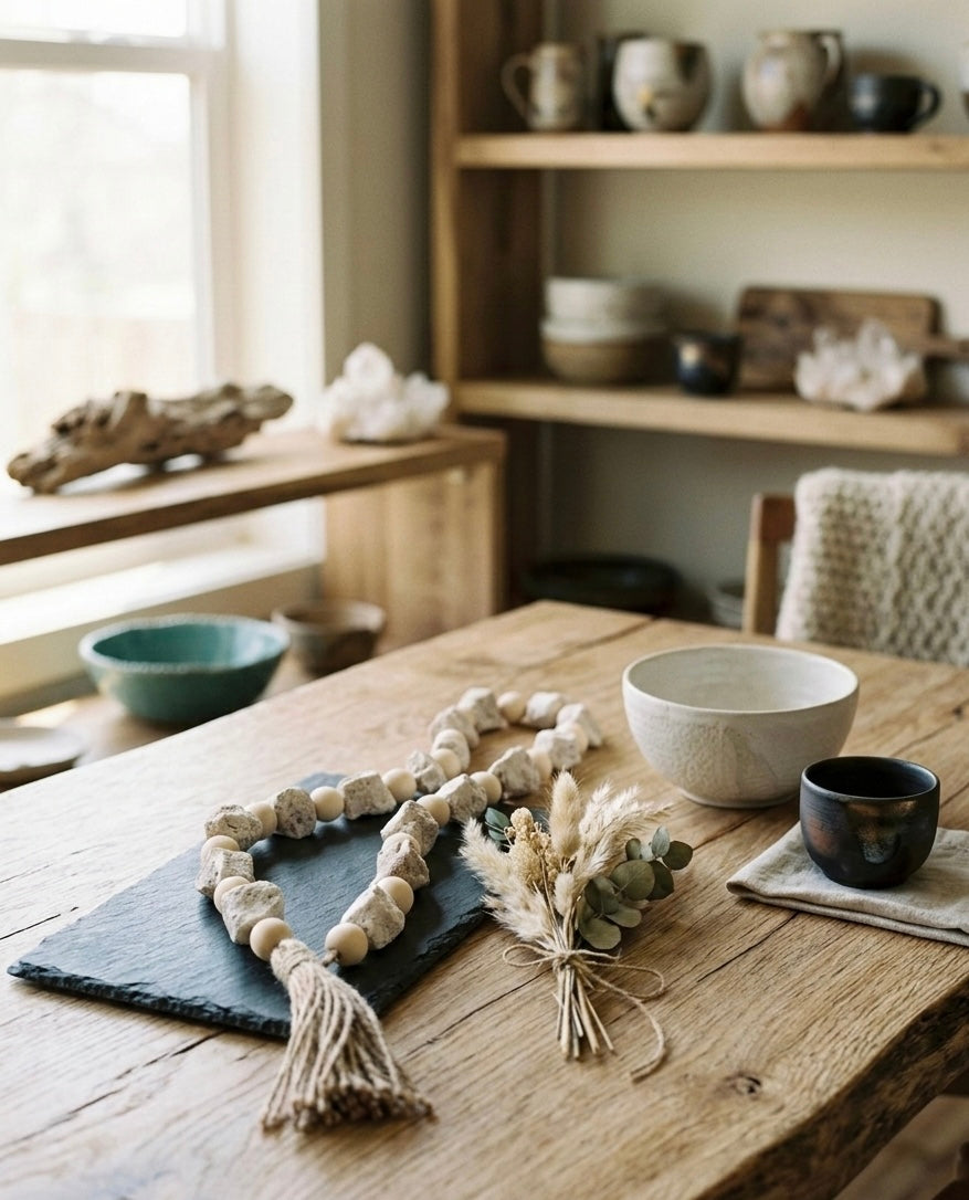 Artisan Stone & Wood Bead Garland with Jute Tassels