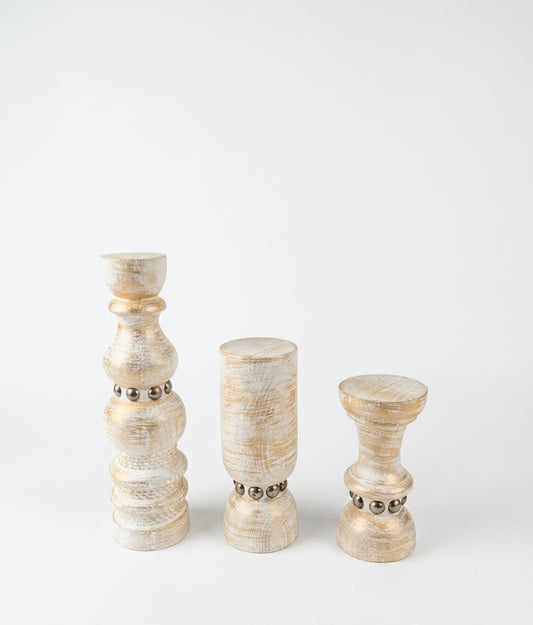 Hand-Carved Whitewashed Wooden Candle Holders with Brass Stud Accents (Set of 3)