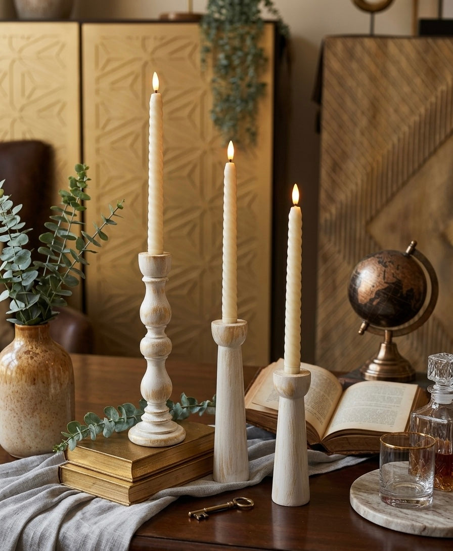 Hand-Turned Natural Pine Taper Candle Holders - Set of 3