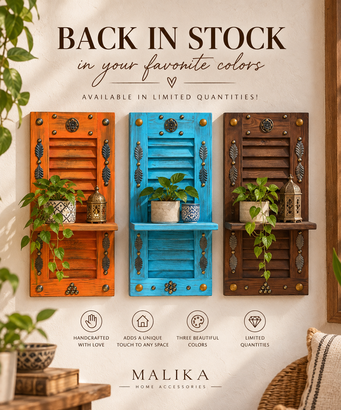 Handcrafted Rustic Wooden Shutter Wall Shelf
