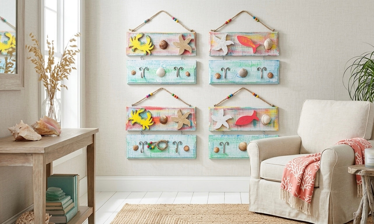 Coastal Distressed Wood Wall Art & Coat Rack