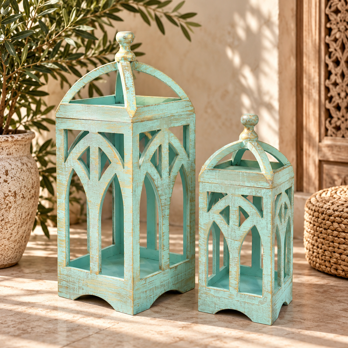 Vintage Wooden Lantern Set – Set of 2