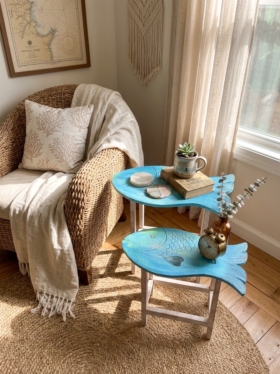 Nautical Nested Side Tables – Fish-Shaped Accent Trio (Set of 2)