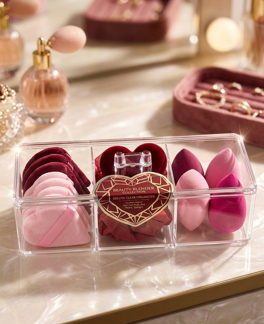 Beauty Essentials Kit: 3-Compartment Acrylic Organizer with Makeup Accessories