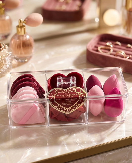 Beauty Essentials Kit: 3-Compartment Acrylic Organizer with Makeup Accessories