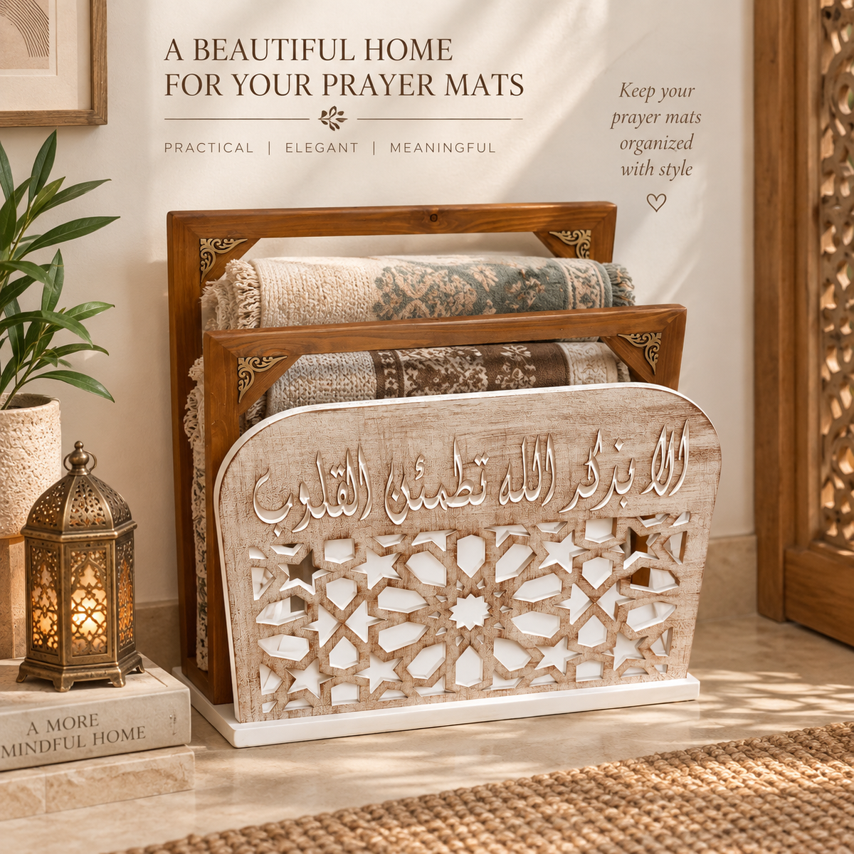 Islamic Calligraphy & Lattice Prayer Mat Organizer