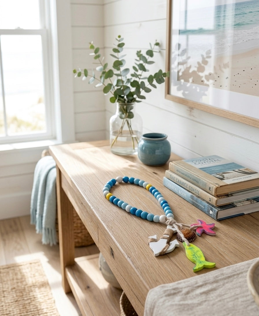 Coastal Wooden Bead Garland with Nautical Charms