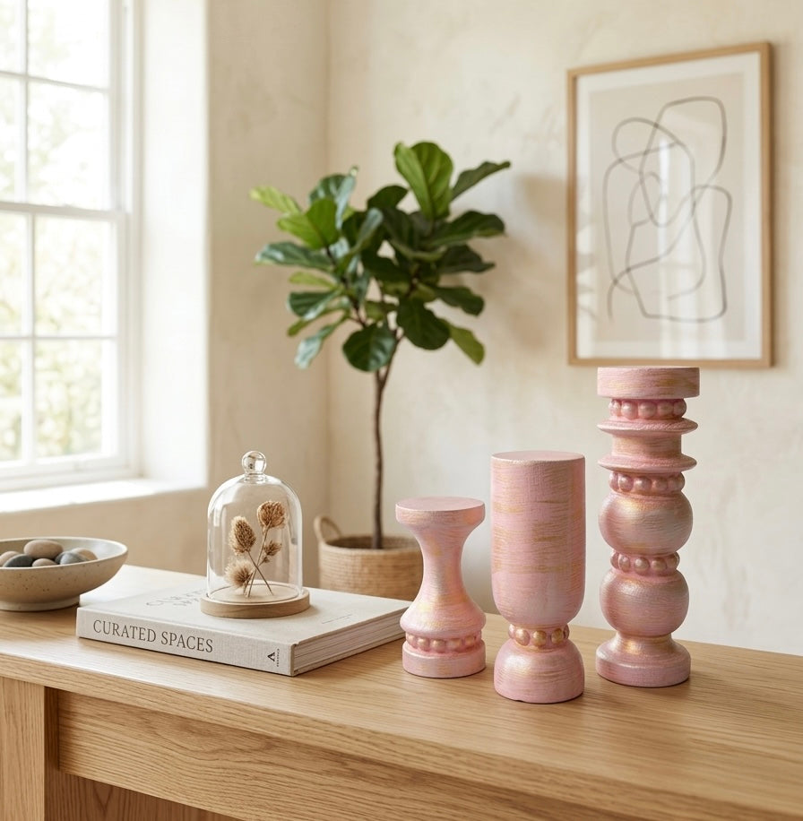 Antique  Hand-Carved Wooden Pillar Holders – Trio Set