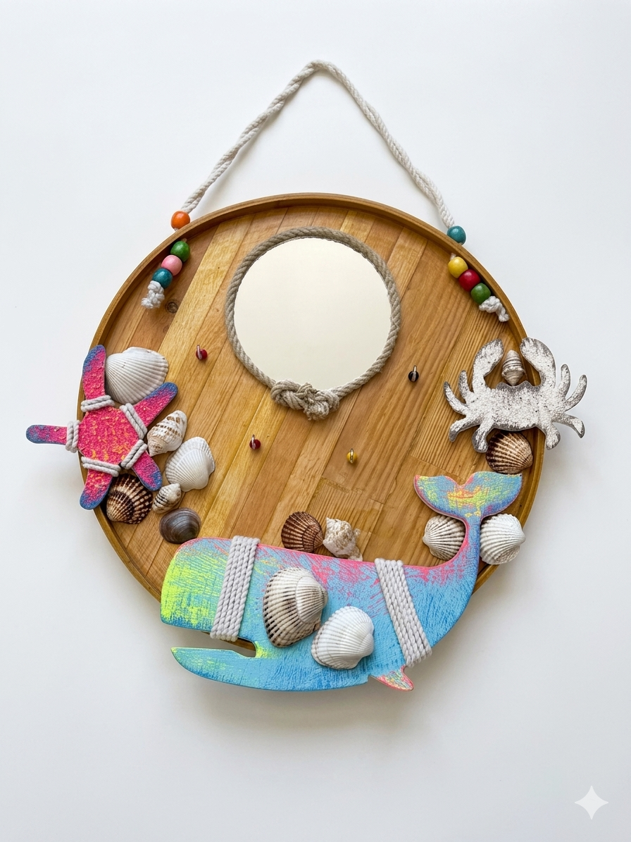 Coastal Charm Nautical Wooden Wall Hanging with Mirror & Key Hooks