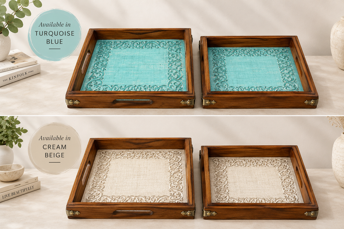 Heritage Carved Wooden Serving Tray Set