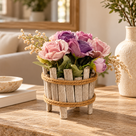 Rustic Wooden Planter with Pastel Rose Arrangement
