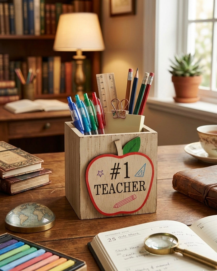 Handcrafted Wooden Apple Desk Organizer – "Best Teacher Ever" & "#1 Teacher" Designs