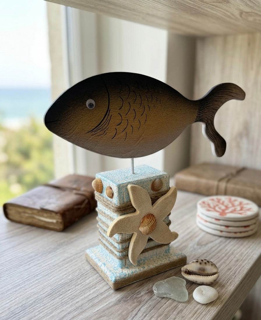Handcrafted Coastal Fish Sculpture on Stand – Nautical Tabletop Accent