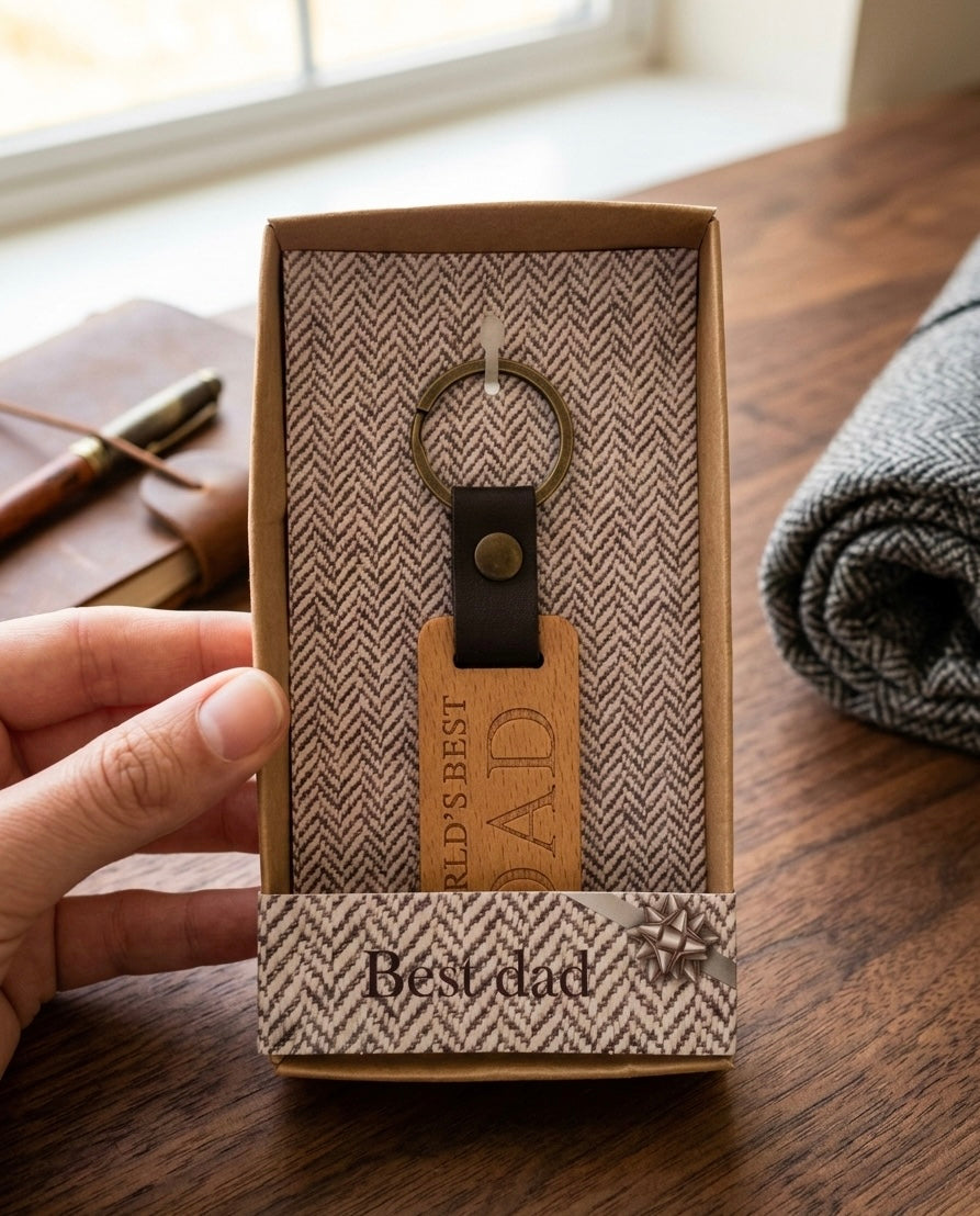 Handcrafted "World's Best Dad" Wooden & Leather Keychain