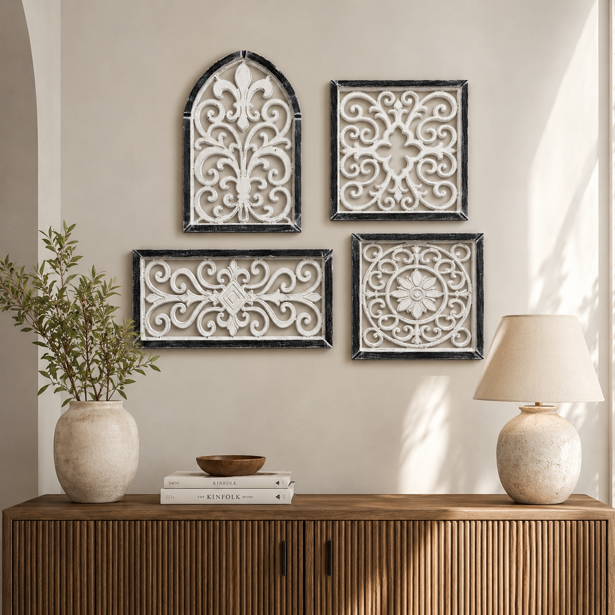 Hand-Carved Wooden Scrollwork Wall Art Set of 4