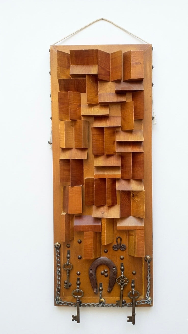 Brutalist Geometric Wooden Wall Art & Key Holder