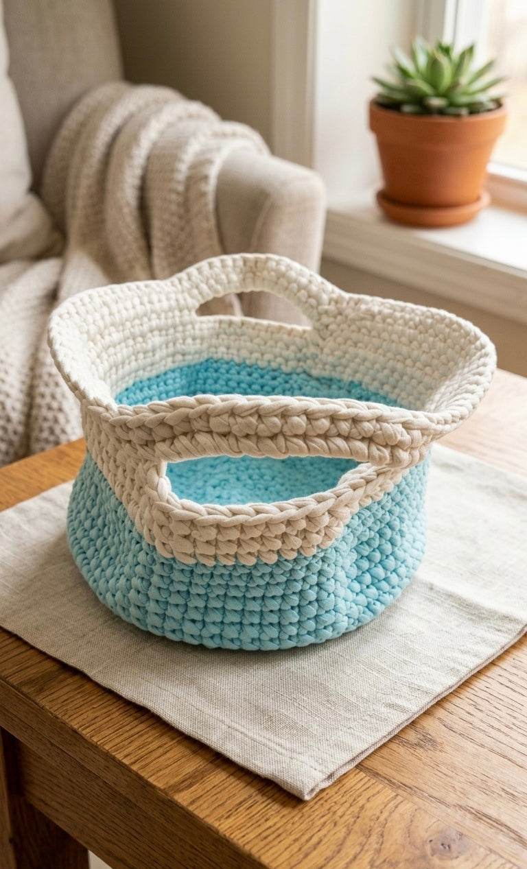 Two-Tone Hand-Crocheted Storage Basket
