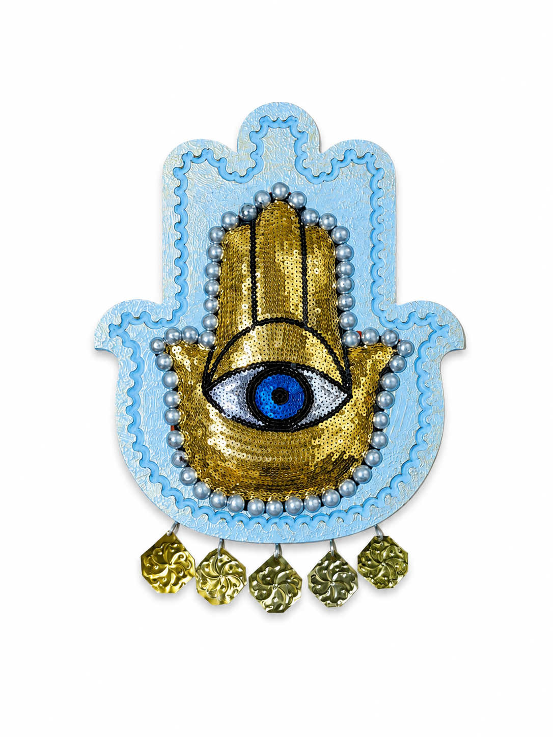 Handcrafted Hamsa Hand Wooden Wall Art – Sequined Evil Eye & Brass Charms (30x35 cm)