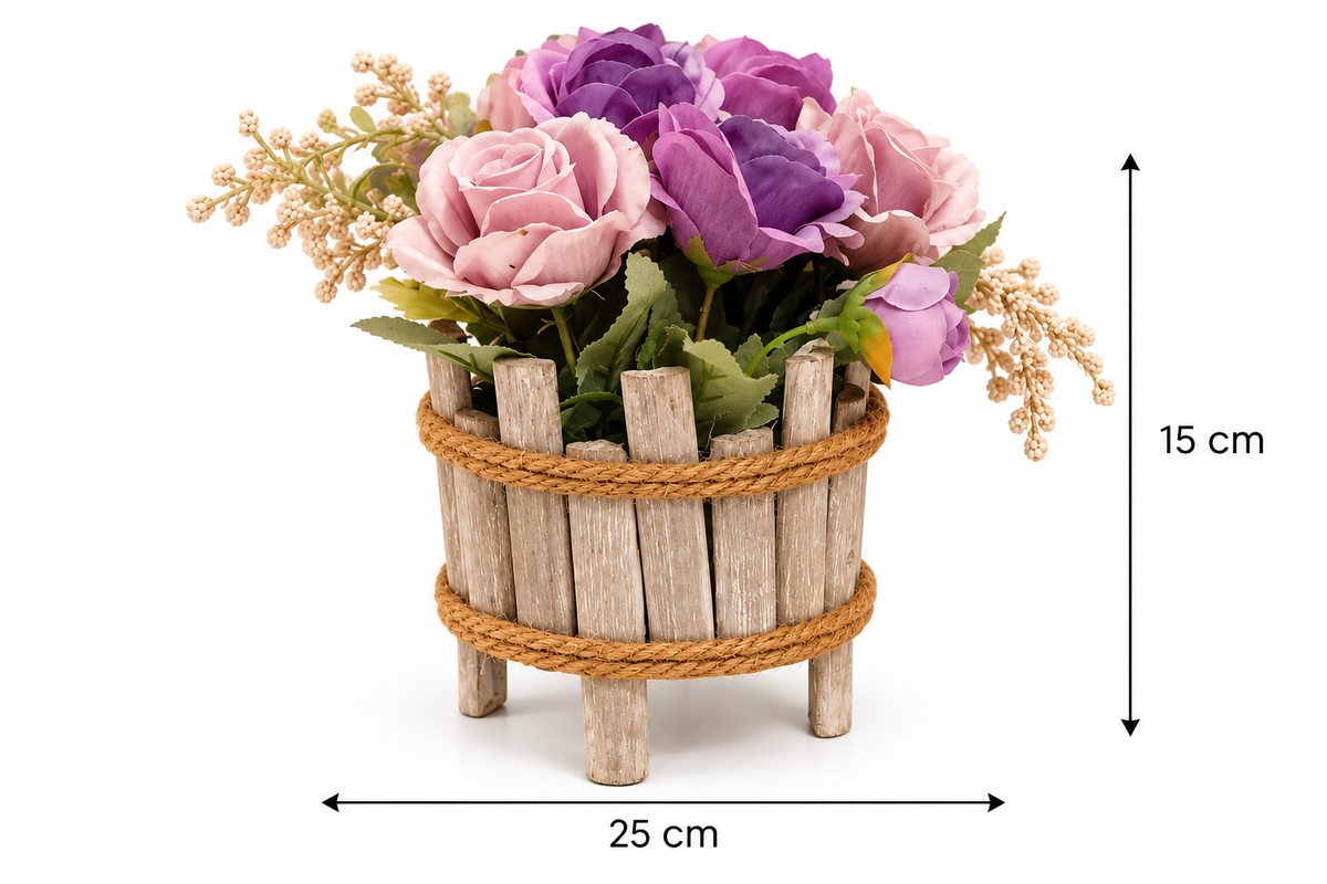 Rustic Wooden Planter with Pastel Rose Arrangement