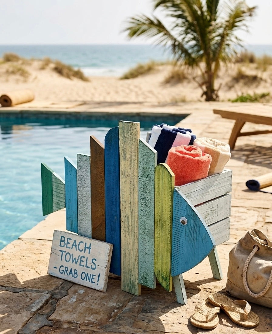 Handcrafted Wooden Fish Beach Towel Holder Basket