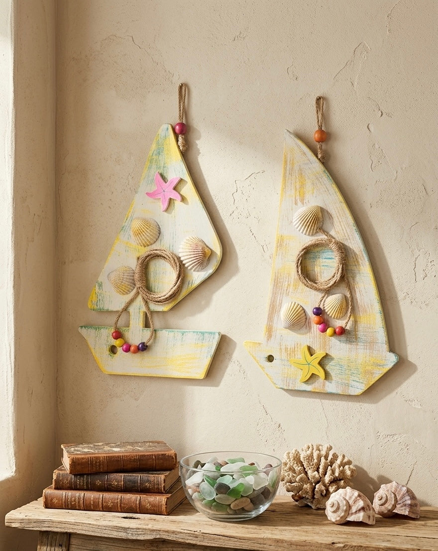 Hand-Painted Distressed Wooden Sailboat Wall Art 