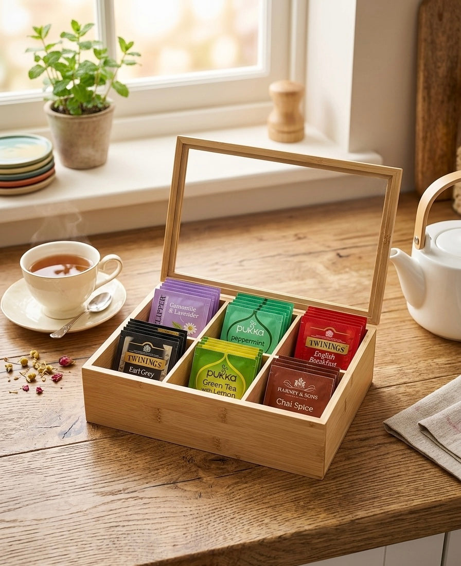 Bamboo Tea Organizer with Transparent Lid