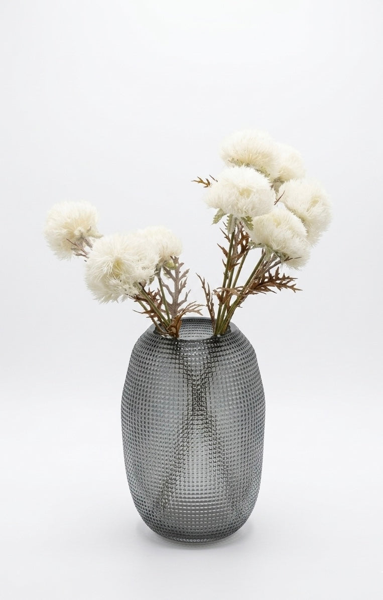 Grid-Textured Smoke Glass Vase with White Pom-Pom Blooms