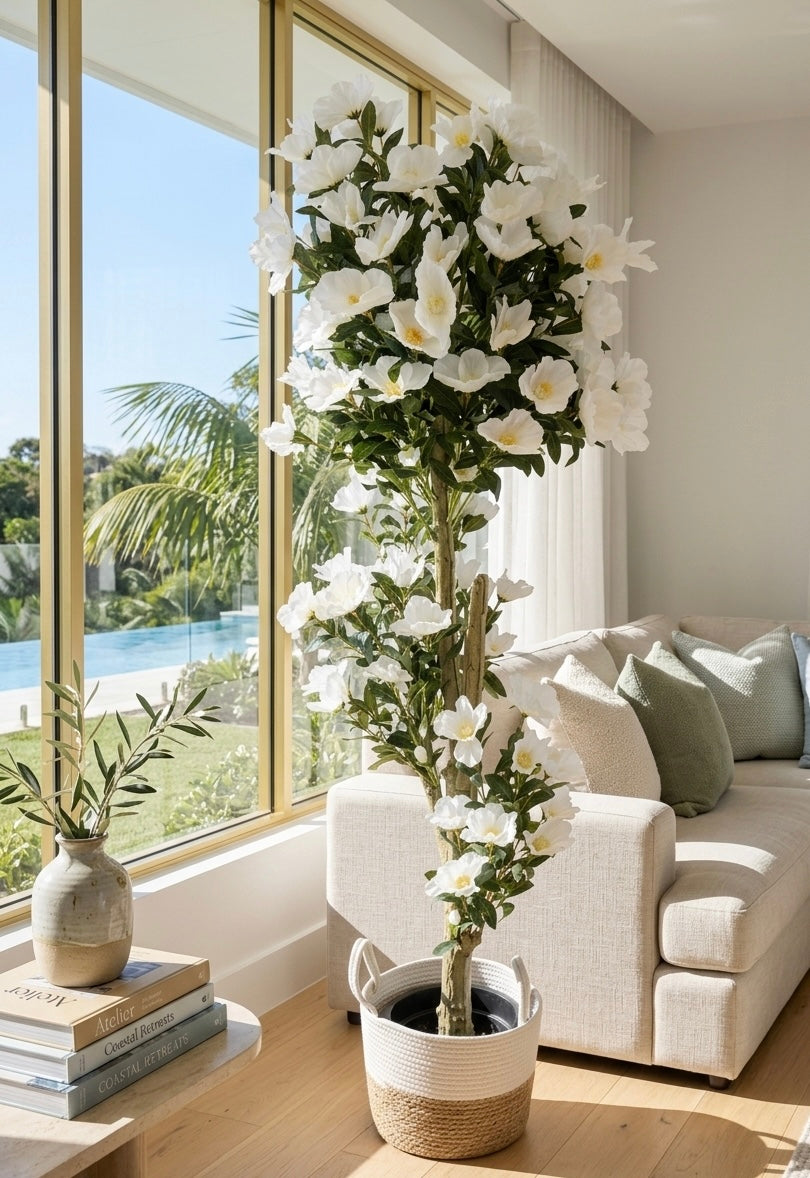 White Blossom Artificial Topiary Tree
