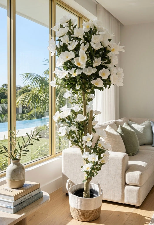 White Blossom Artificial Topiary Tree