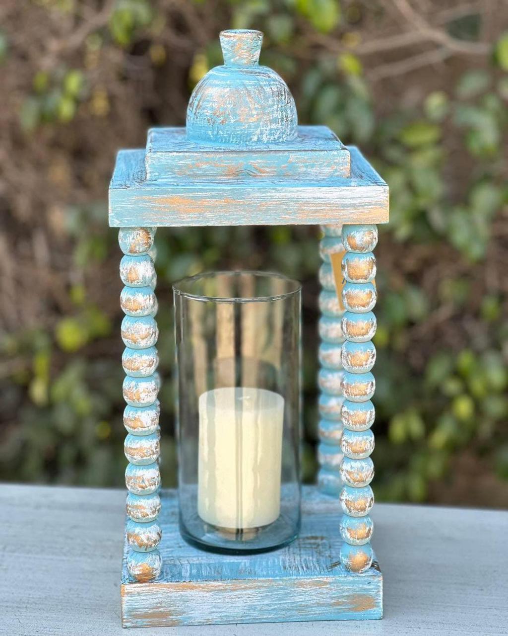 Distressed Elegance Beaded Wooden Lantern
