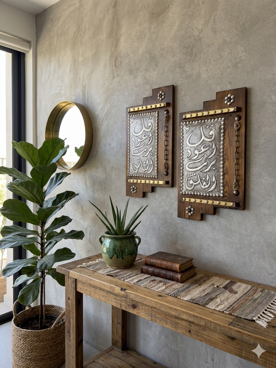 Islamic Wall Art Set – Handcrafted Wood & Embossed Metal 