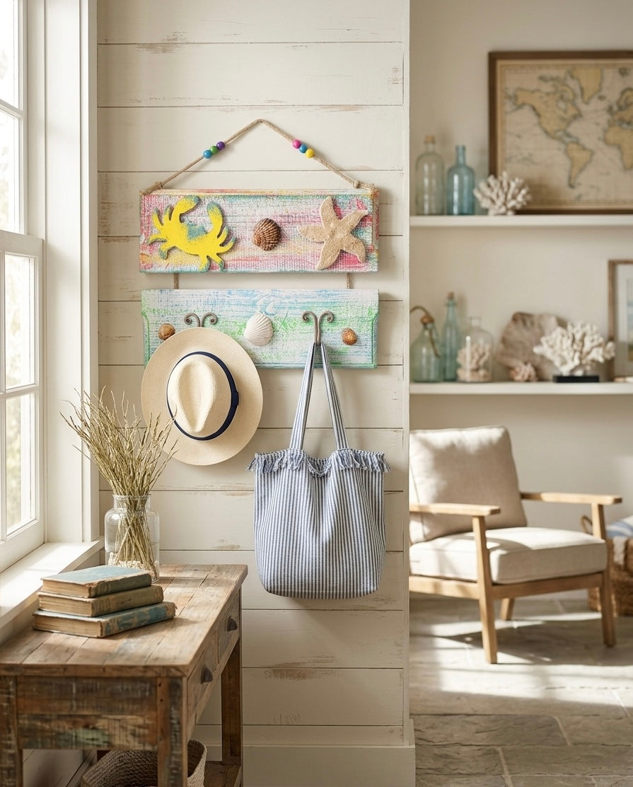 Coastal Distressed Wood Wall Art & Coat Rack