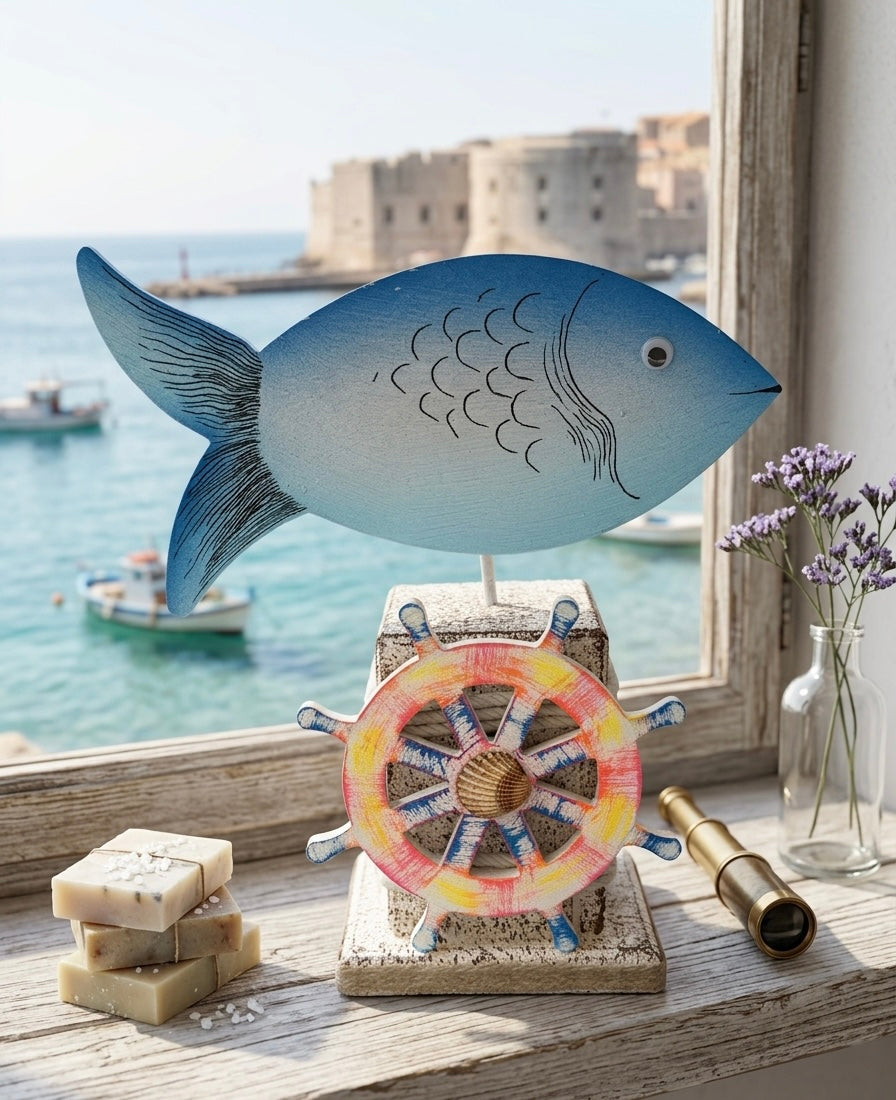 Handcrafted Coastal Fish Sculpture on Stand – Nautical Tabletop Accent