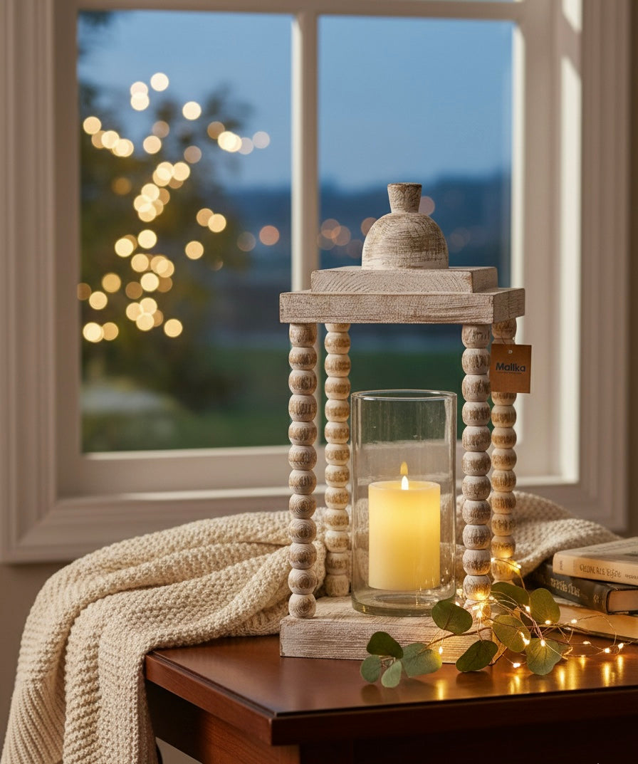 Distressed Elegance Beaded Wooden Lantern