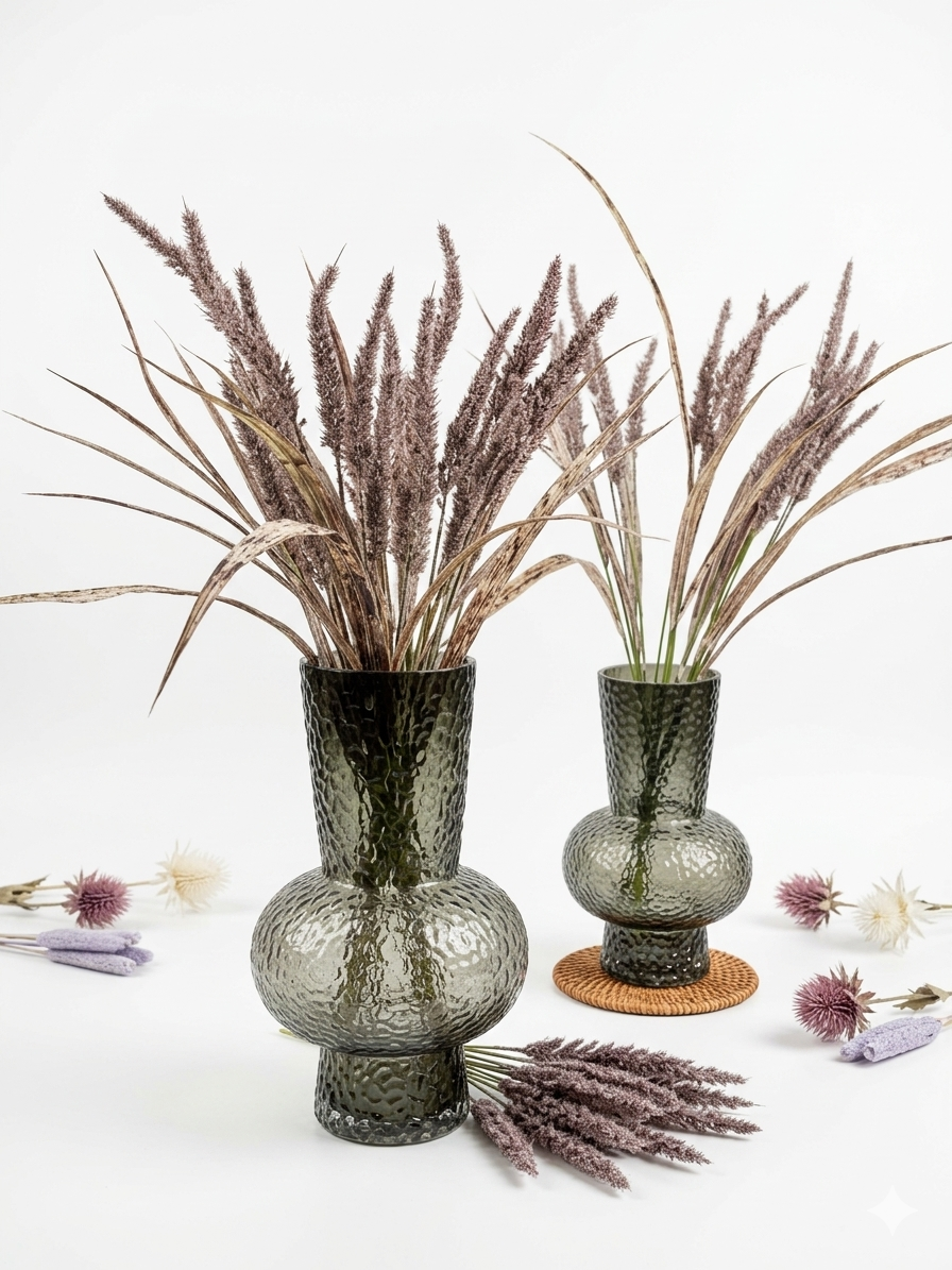 Textured Smoke Glass Vase with Dried Reed Accents