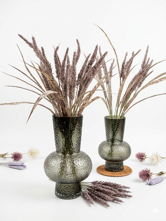 Textured Smoke Glass Vase with Dried Reed Accents