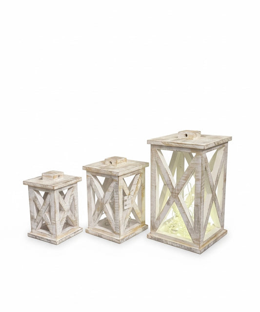 Hand-Finished Wooden Lantern Set with Fairy Lights