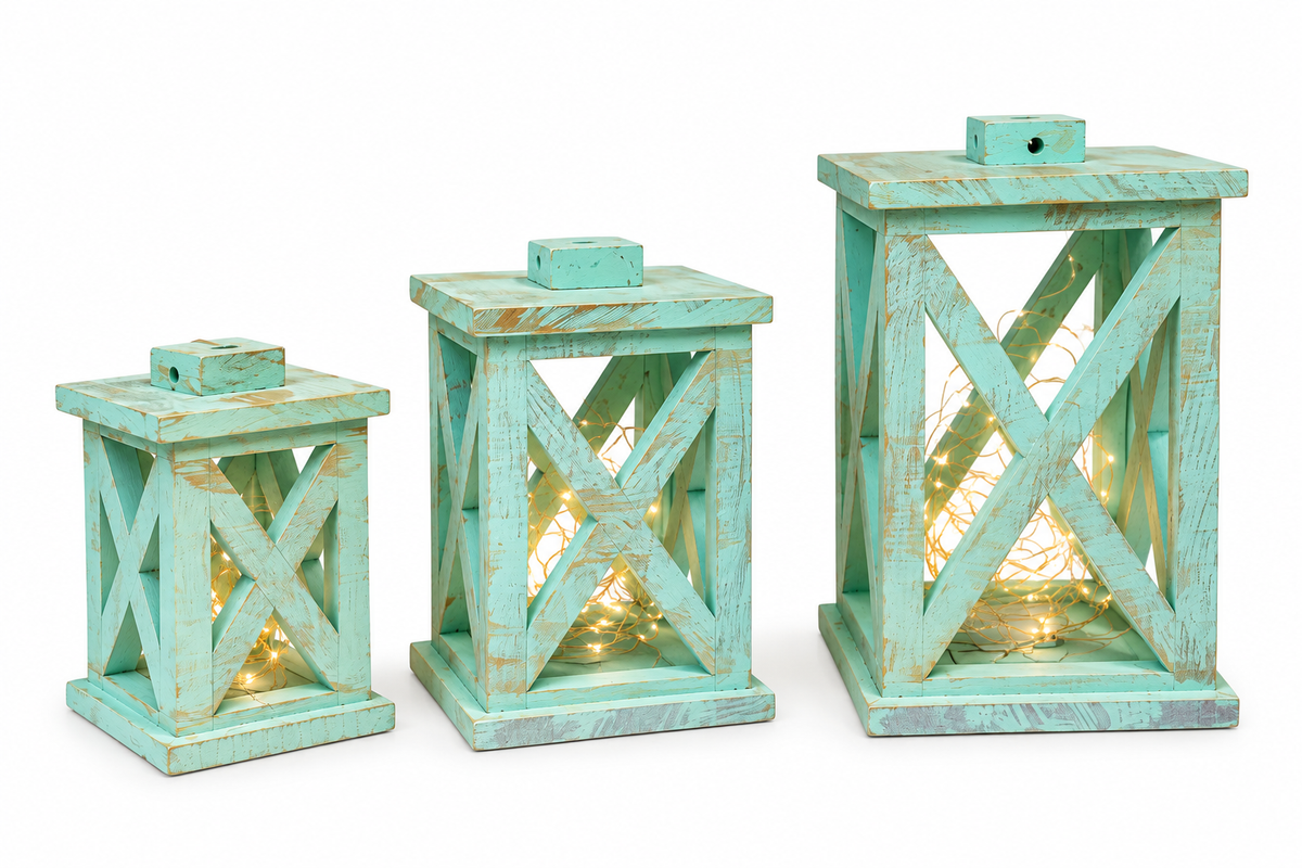 Hand-Finished Wooden Lantern Set with Fairy Lights
