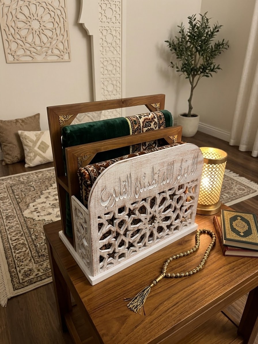 Islamic Calligraphy & Lattice Prayer Mat Organizer