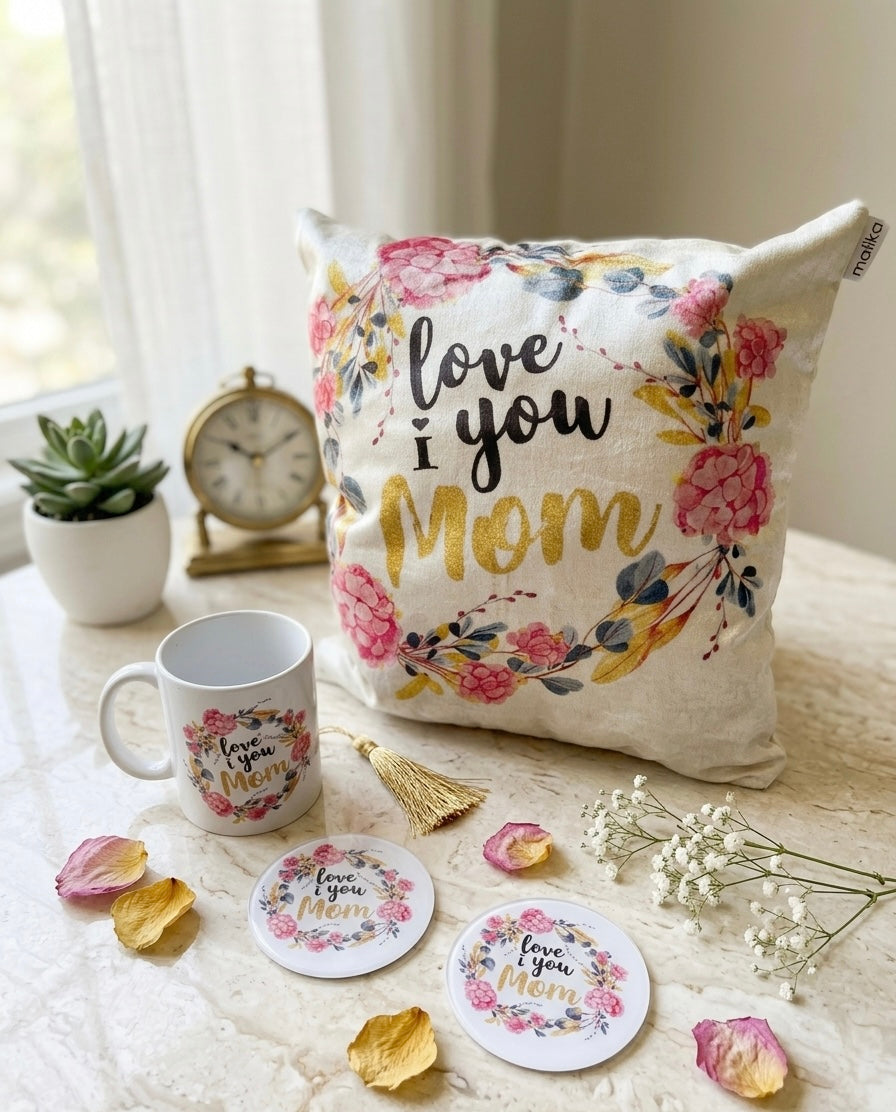 Mother’s Day Floral Gift Set – Cushion, Mug, & Coasters