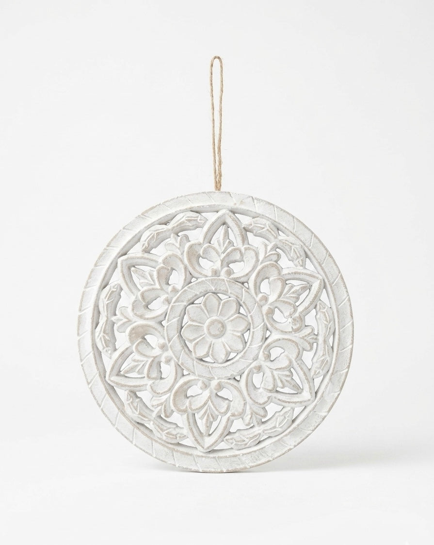 Hand-Carved Distressed White Wall Medallion