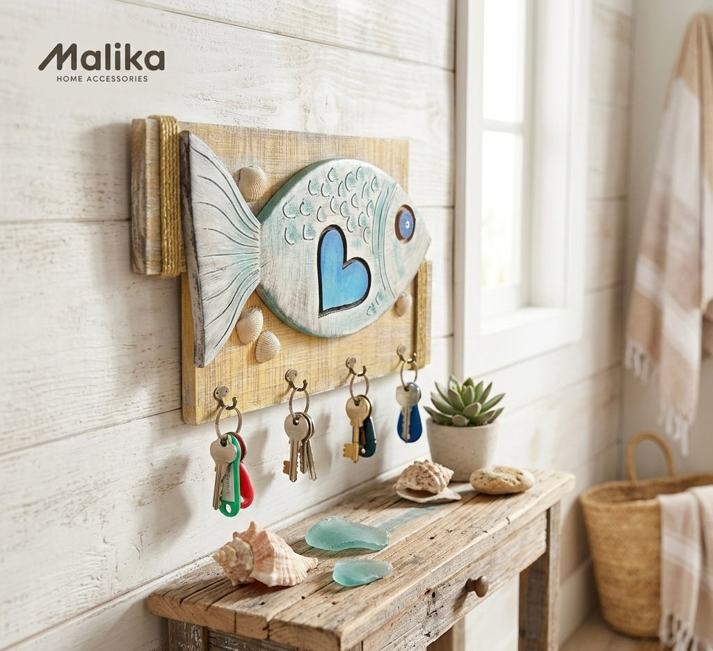 Artisanal Hand-Painted Nautical Fish Key or towel Holder