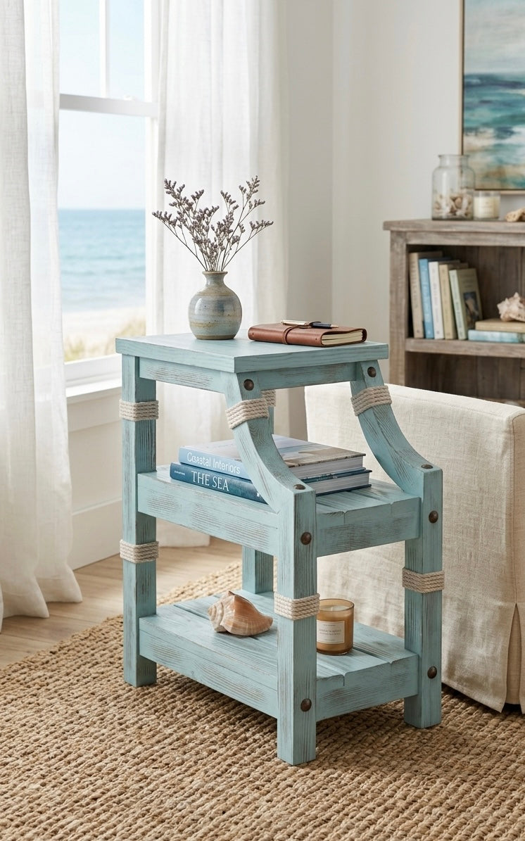 Rustic Nautical Blue Wooden Side Table