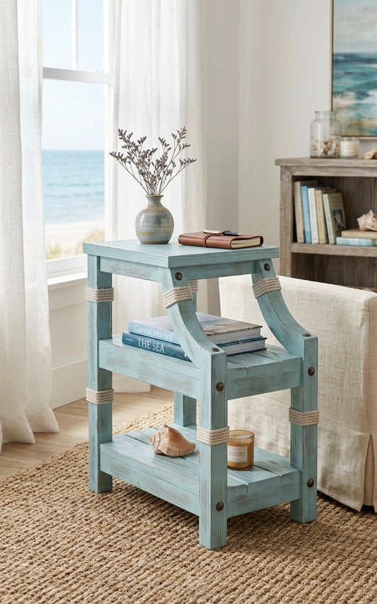 Rustic Nautical Blue Wooden Side Table