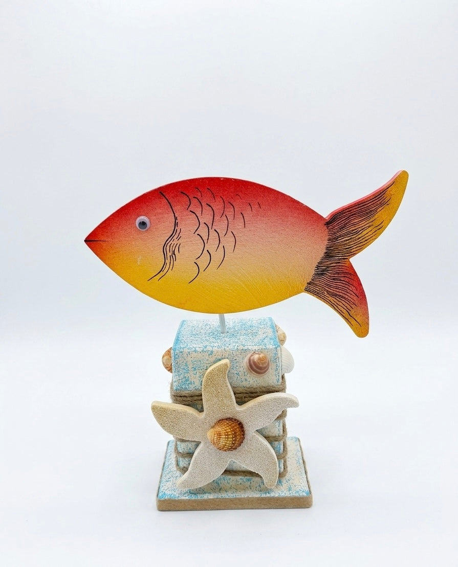 Handcrafted Coastal Fish Sculpture on Stand – Nautical Tabletop Accent